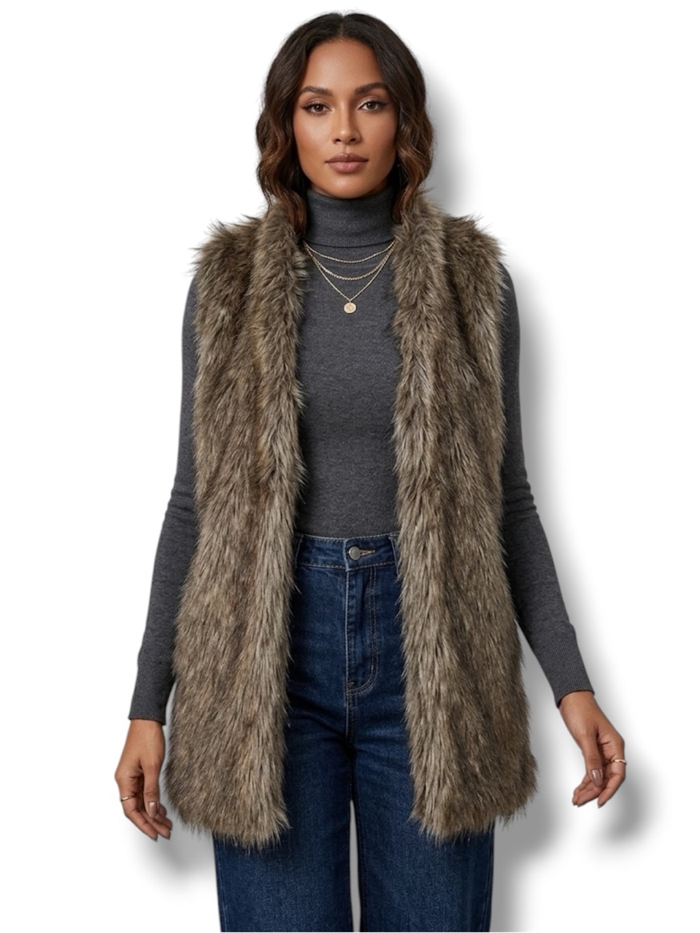 MNG Mango Vest Vintage 90s Y2K Brown Alpaca Fur Knit Open Front Women’s Size M